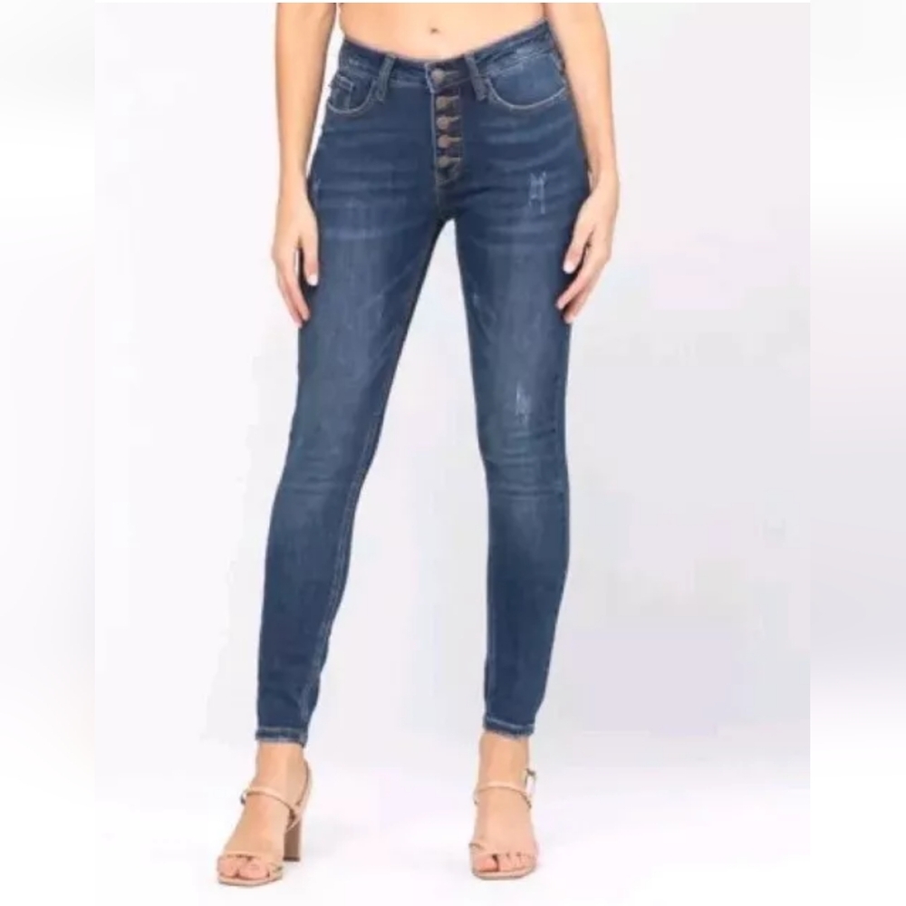 Judy Blues Skinny Jeans Woman Plus 22W Button Fly Blue Stretch Denim Distressed